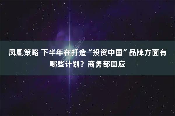 凤凰策略 下半年在打造“投资中国”品牌方面有哪些计划？商务部回应